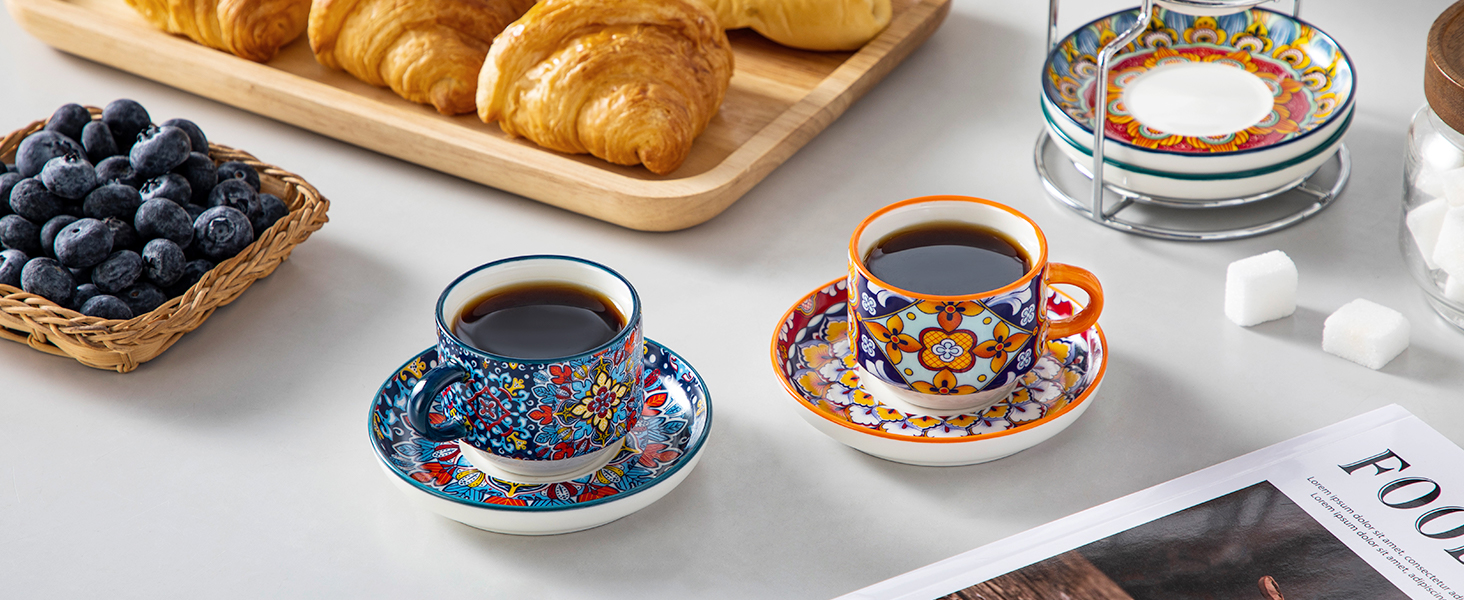 Набір чашок для еспресо Vancasso 4 шт., 150 мл SIMI, з підставками та стійкою, керамічні, для капучіно, еспресо, лате