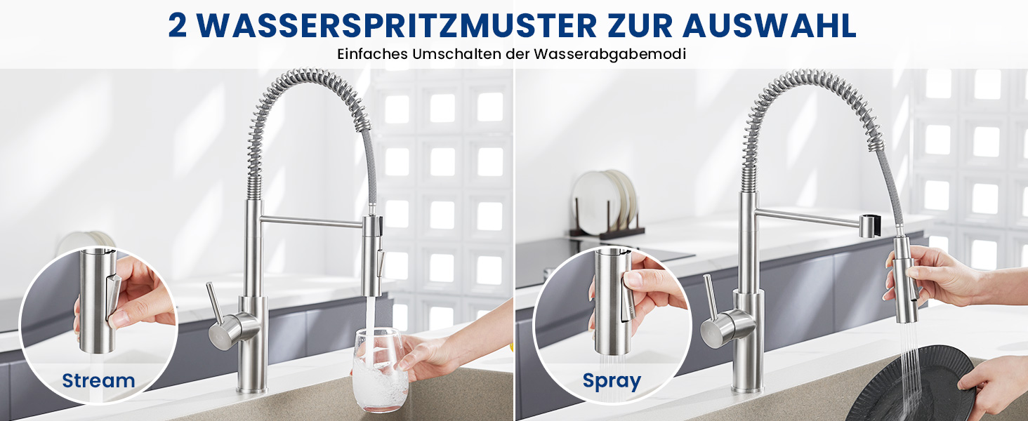 Змішувач кухонний CECIPA з витяжною насадкою, висувний, з двома режимами струменя, поворотний на 360°, одноlever, нержавіюча сталь, срібло