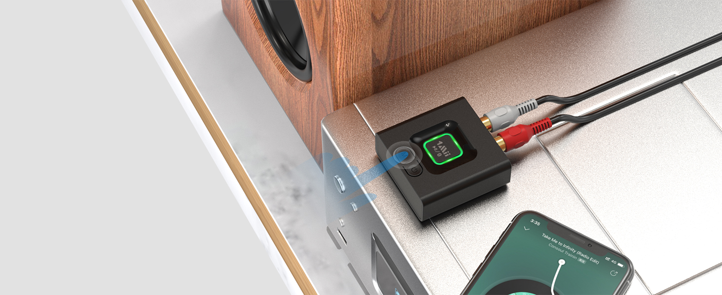 1Mii ML201 Bluetooth адаптер для стереосистеми: бездротовий аудіо приймач з AUX/Cinch, для ПК, смартфонів та планшетів, 12 годин роботи, режим басів Medium