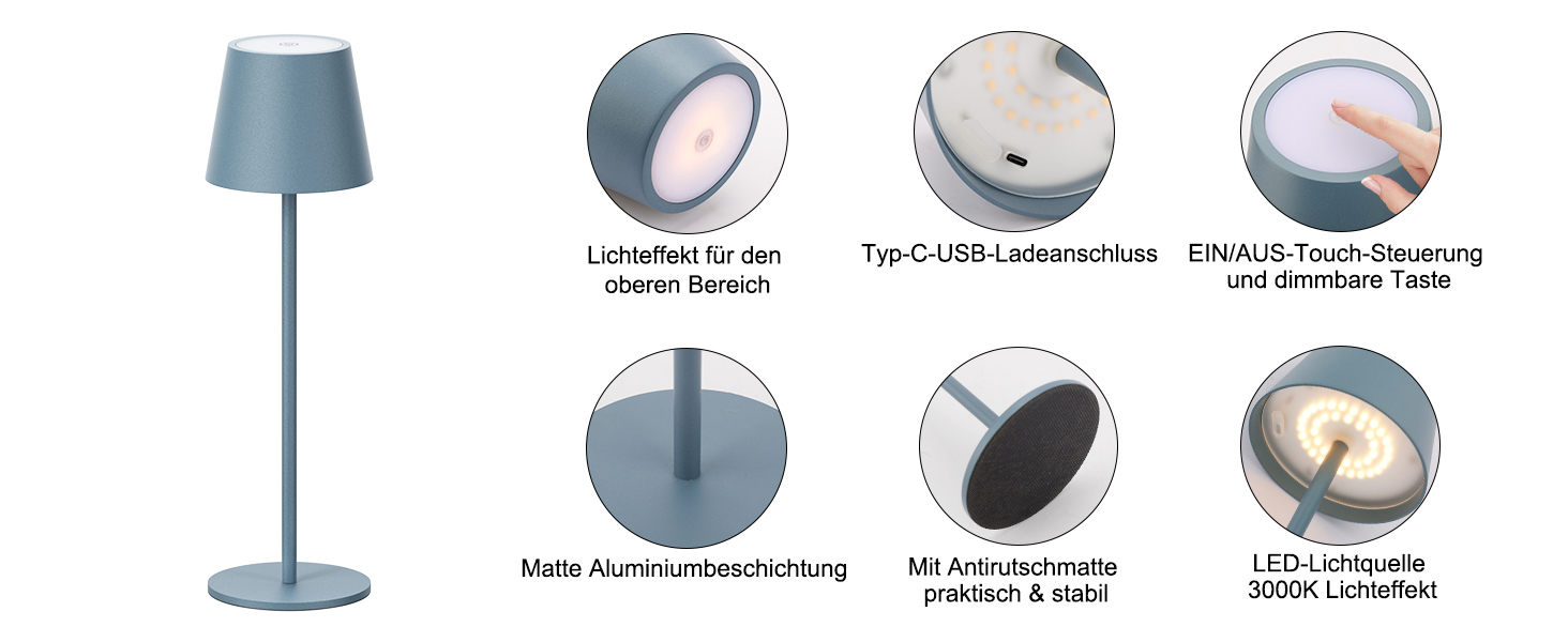 LED-лампа Klighten: 2 шт. акумуляторні настільні лампи з димуванням, USB-C, IP54, для дому та вулиці (блакитні)