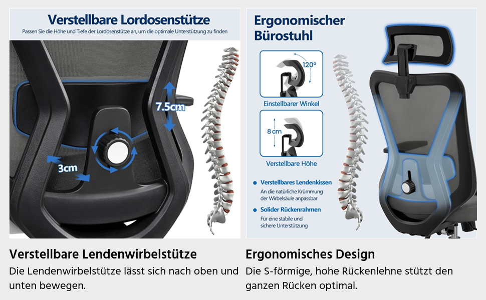 Офісне крісло Yaheetech з регульованою підголовником та поперековою підтримкою, дихаюча сітчаста спинка, широке сидіння, S-подібна спинка, поворотне на 360°, чорний