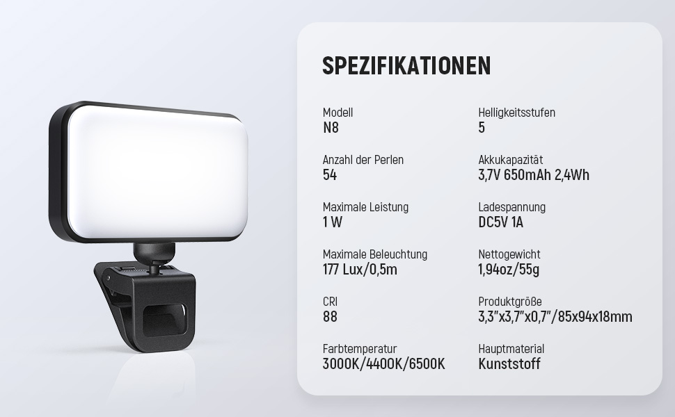 LED світло для селфі Neewer Entry Level - настільне світло для телефону, 54 світлодіоди, кліпса, CRI 88, 650mAh, для відеоконференцій, макіяжу, YouTube