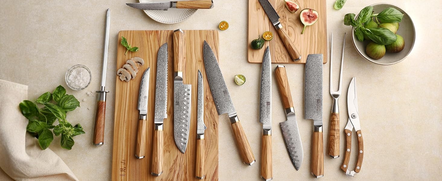 Професійний кухонний ніж Kochmesser з дамаської сталі (67 шарів), рукоять з оливкового дерева, сталь 10Cr15CoMoV, ультрагостра клинка 13°