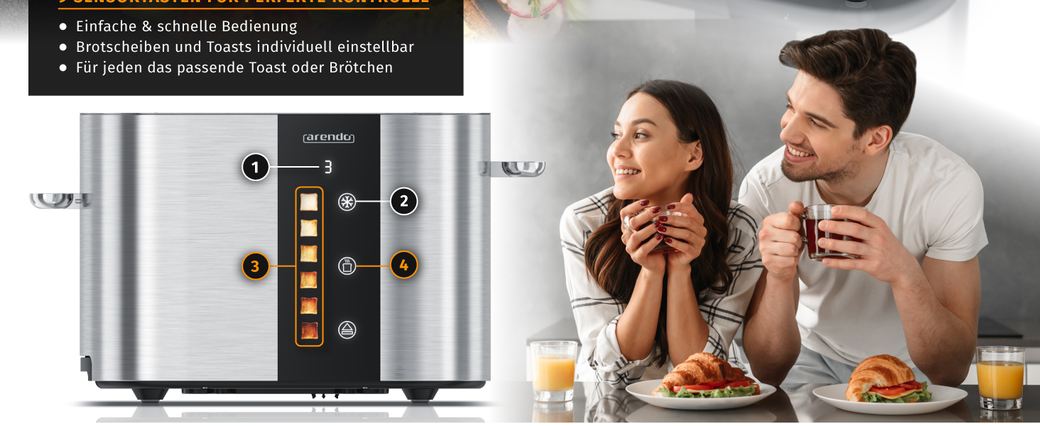 Тостер Arendo з нержавіючої сталі, 2 відділення, сенсорний дисплей, 800 Вт, підставка для булочок, 6 рівнів підсмажування, центрування хліба, таймер, пам'ять (C: Steelsilver)