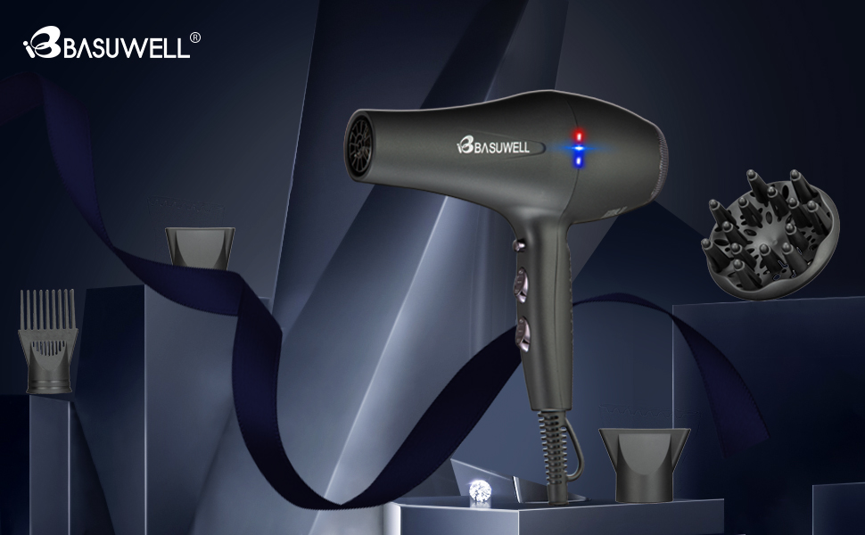 Фен Basuwell Ionen Pro 2100W: Професійний фен для салону краси з іонізацією, 3 режими нагріву, 2 швидкості, насадка-дифузор, AC-двигун, чорний