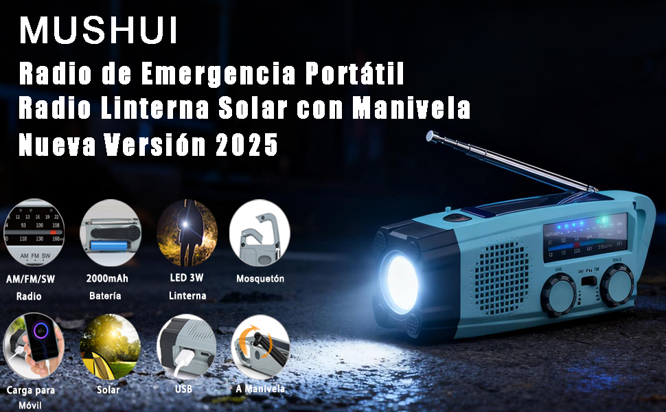Сонячне радіо 8-в-1 з ліхтариком та USB, FM/AM, метеостанція, аварійне радіо з сонячною панеллю, динамо-механізмом, LED-ліхтариком, сигналом SOS для кемпінгу