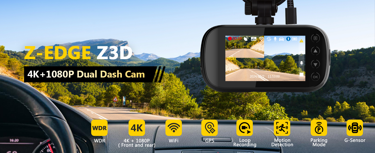 Відеореєстратор Z-Edge 4K Dual Autokamera з GPS, WiFi та LCD 2.7 дюйма. Підтримка запису 4K, 2K, 1080P, WDR, G-сенсор, нічне бачення, паркувальний режим. Версія 2025.
