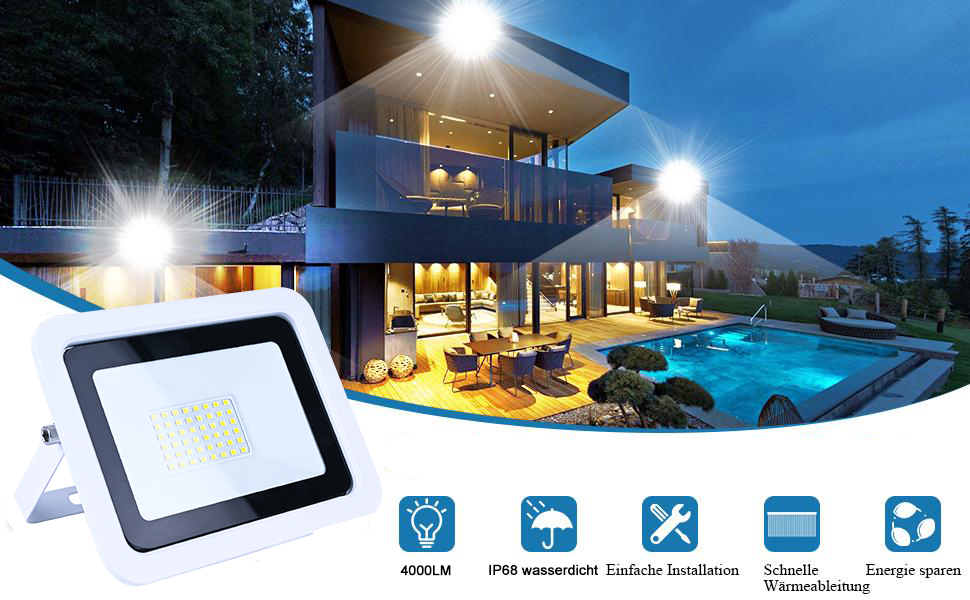 MIWATT LED прожектор для вулиці, 2 шт, 50 Вт, 4000 Лм, холодне біле світло 6000K, IP68 водонепроникний, для двору, гаража, саду