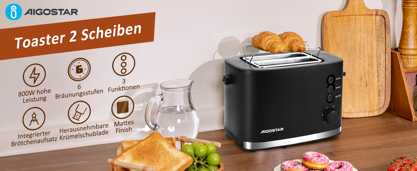 Тостер Aigostar Energy з 2 слотами для тостів, підставка для булочок, 6 рівнів підсмажування, функції відключення, розморожування та підігріву, знімний піддон для крихт, 800W, чорний