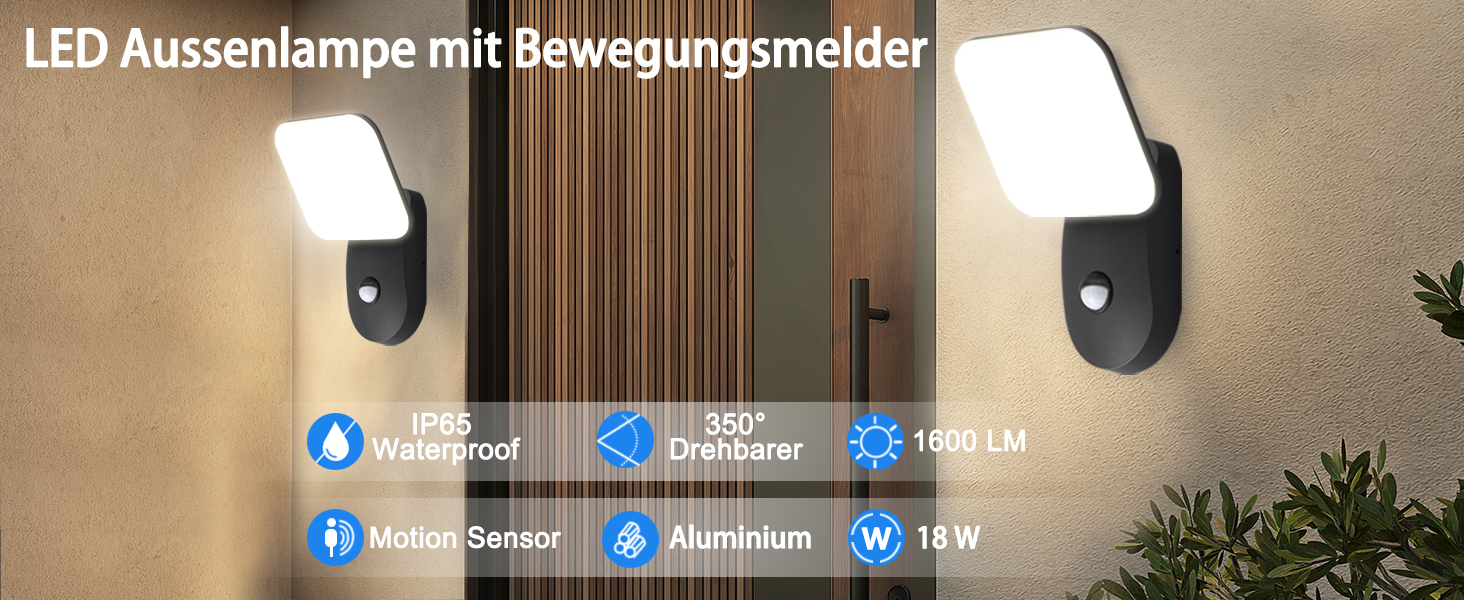 LED вуличний світильник настінний з датчиком руху, 18W, 1600LM, 3000K, тепле біле світло, IP65, алюміній, для дому, саду, гаража, тераси