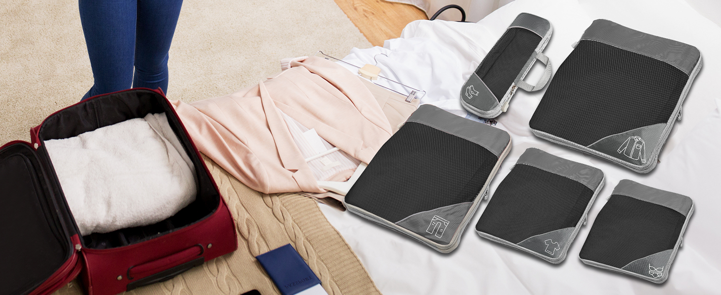 Набір органайзерів для валізи Kompressions Packwürfel (5 шт.) рожевого кольору - компресійні куби для подорожей, легкі сумки для зберігання, органайзер для рюкзака та валізи