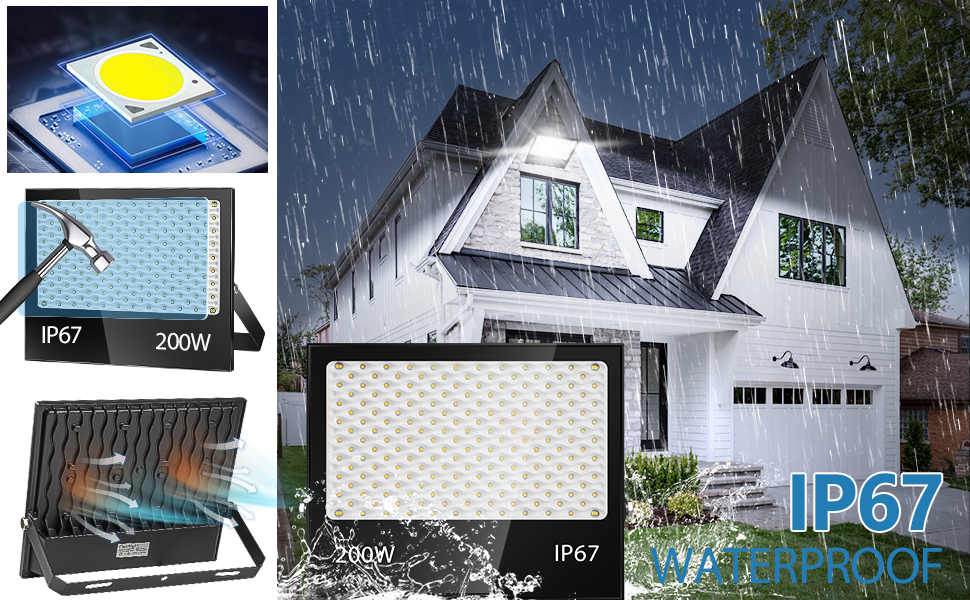 200Вт LED прожектор для вулиці, 20000Лм, 7000K холодне біле світло, IP67 водонепроникний, для подвір'я, гаража, саду