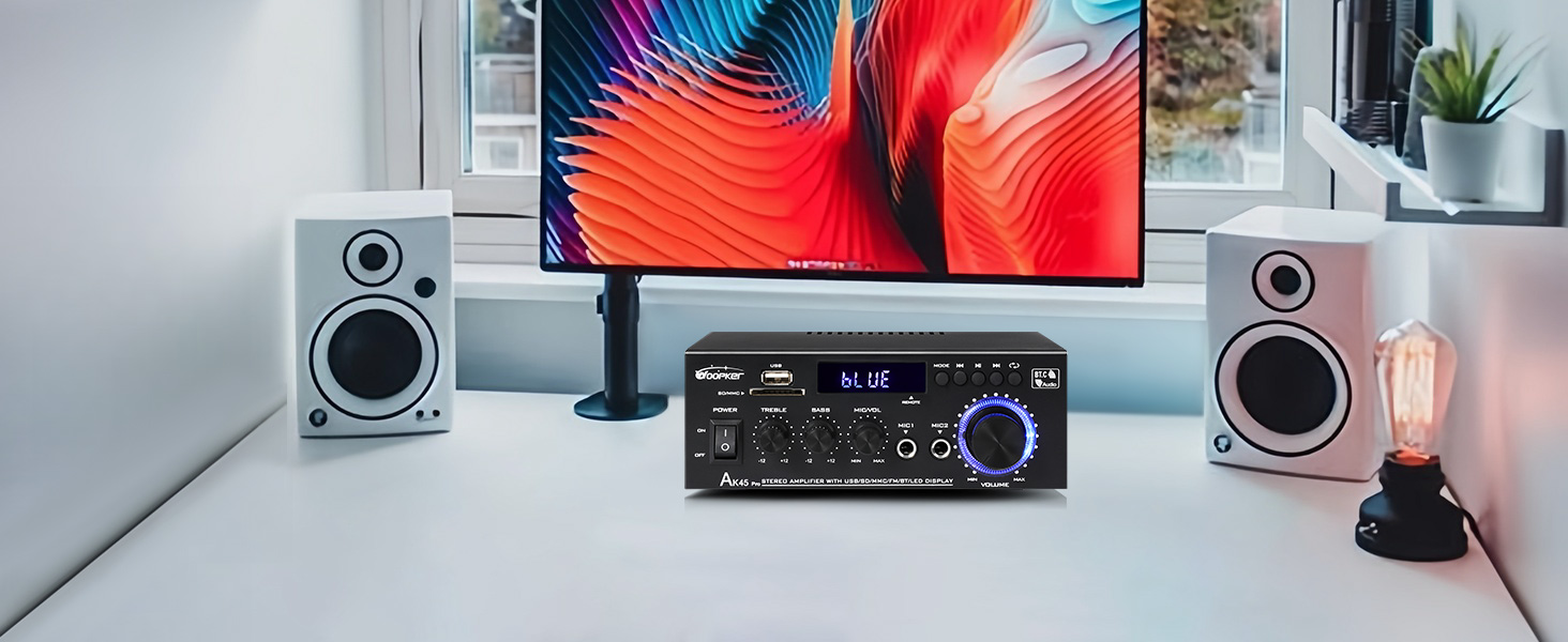 HiFi підсилювач WOOPKER AK45 Pro, 500 Вт, Bluetooth, 2-канальний, стерео, міні аудіо ресивер з FM-радіо, USB/SD/AUX/RCA/MIC входами, 12В/220В для колонок