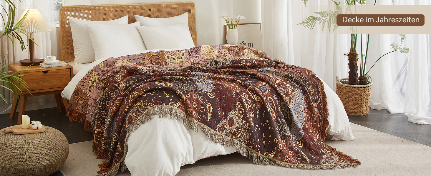 Плед Boho Softexly з 100% бавовни – двосторонній мусліновий плед 150x200 см, м'який плед на диван та ковдра на ліжко, естетичний дизайн, ідеально для вітальні та спальні, помаранчево/блакитний (150 x 200 см, візерунок Пайслі)