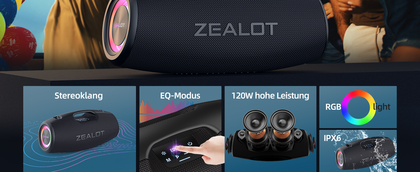 ZEALOT Bluetooth колонка 120W: Водонепроникна портативна колонка з басами, підсвіткою для пляжу, кемпінгу, подарунок
