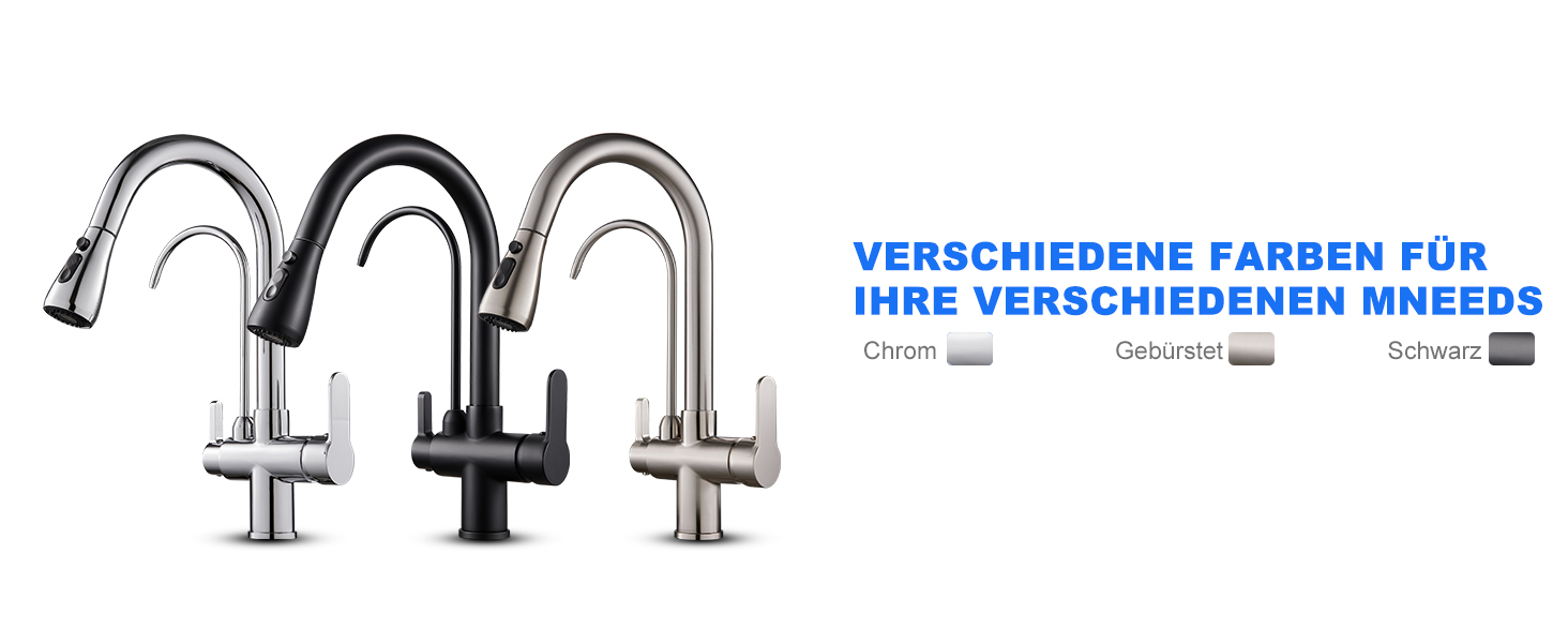 Чорний кухонний змішувач з висувною лійкою 360°, з нержавіючої сталі, для фільтрованої води