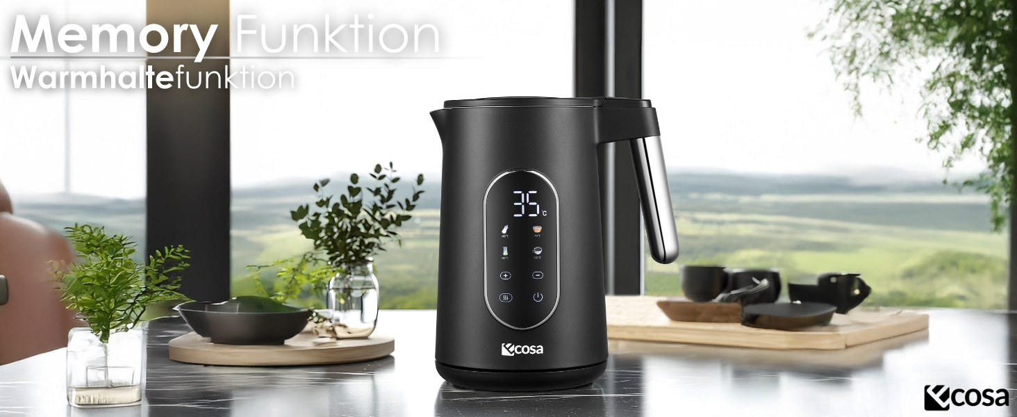 Електричний чайник-заварник зі сталі з регулюванням температури 40-100°C, 1.7 л, 2200 Вт, без BPA, з підігрівом та LED дисплеєм (чорний)