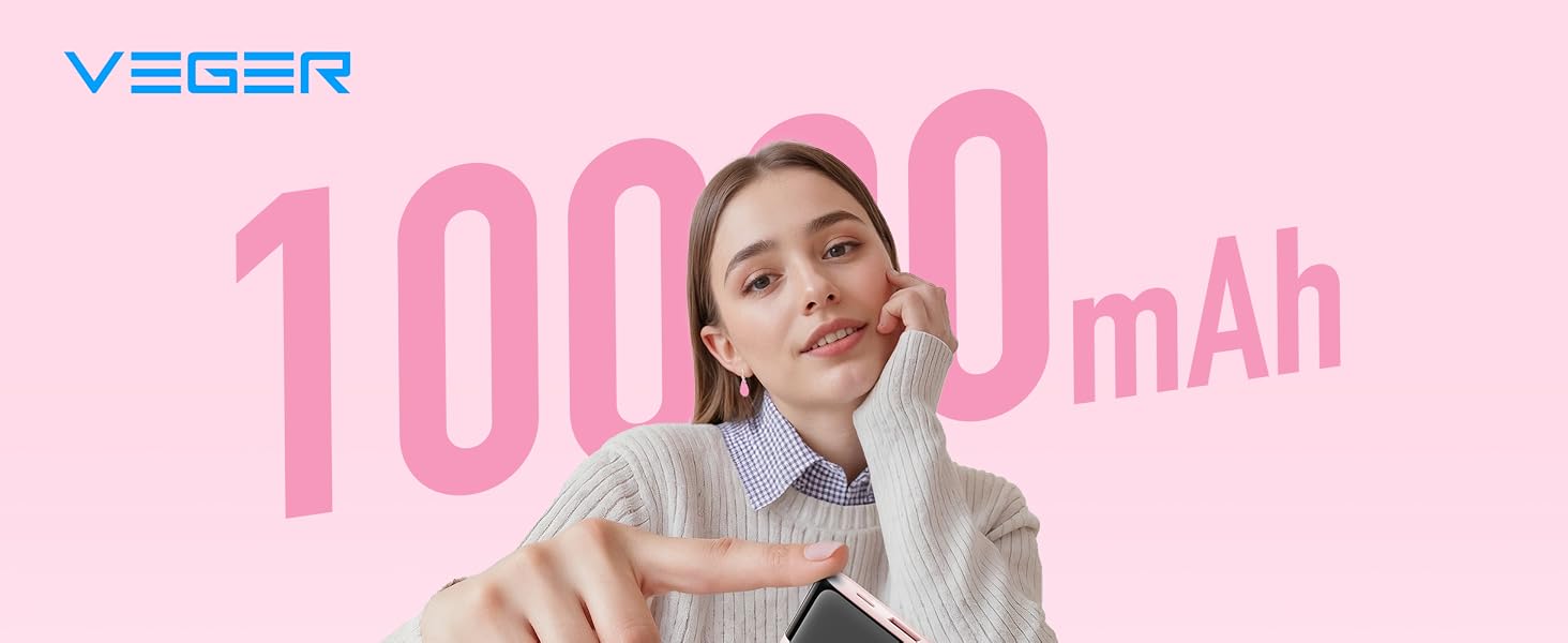 Повербанк VEGER 10000mAh 22.5W з вбудованим кабелем USB-C, рожевий