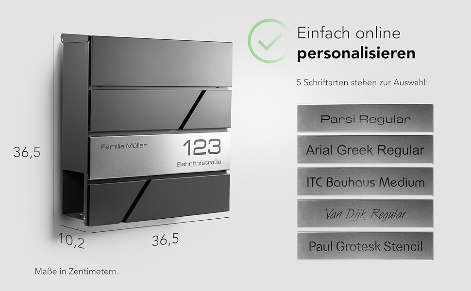 Сучасна поштова скринька антрацит з газетницею та гравіюванням: індивідуальне виготовлення з нержавіючої сталі, номер будинку та табличка з іменем. Стійка до іржі та УФ-випромінювання, з монтажним комплектом.