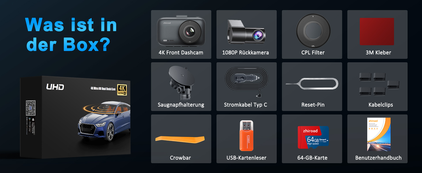 Відеореєстратор Dashcam 4K Dual з CPL фільтром, WiFi, 64GB SD, IPS 3