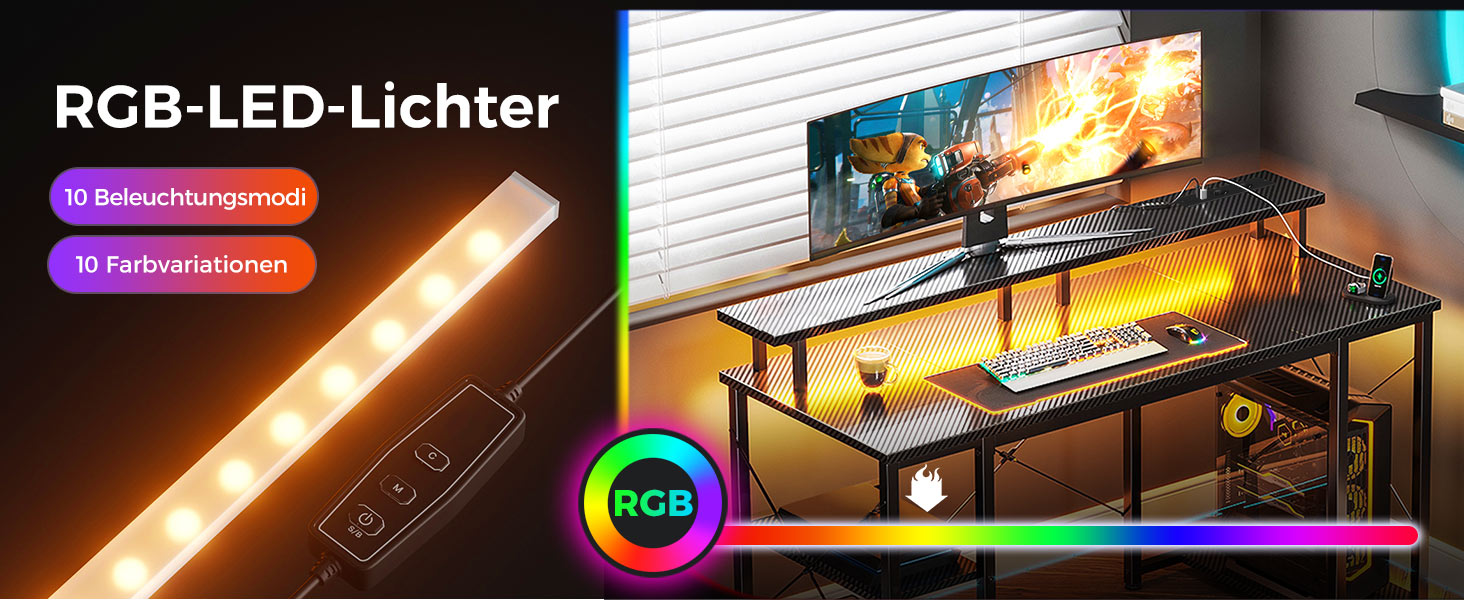 Ігровий стіл Coleshome з LED-підсвічуванням 120x50 см, з 2 розетками та 2 USB-портами, стіл для комп'ютера з підставкою для монітора та місцем для зберігання, для дому та офісу, чорний