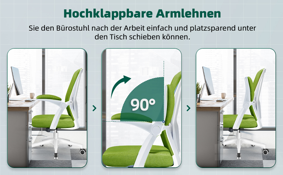 Ергономічне крісло для офісу з регульованою поперековою підтримкою, відкидними підлокітниками, поворотним механізмом і регулюванням висоти, зелене