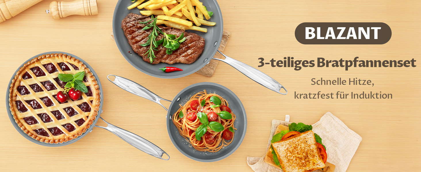 Blazant Induction Nonstick Pan Set - 20/24/28cm - PTFE-Free, Oven & Dishwasher Safe