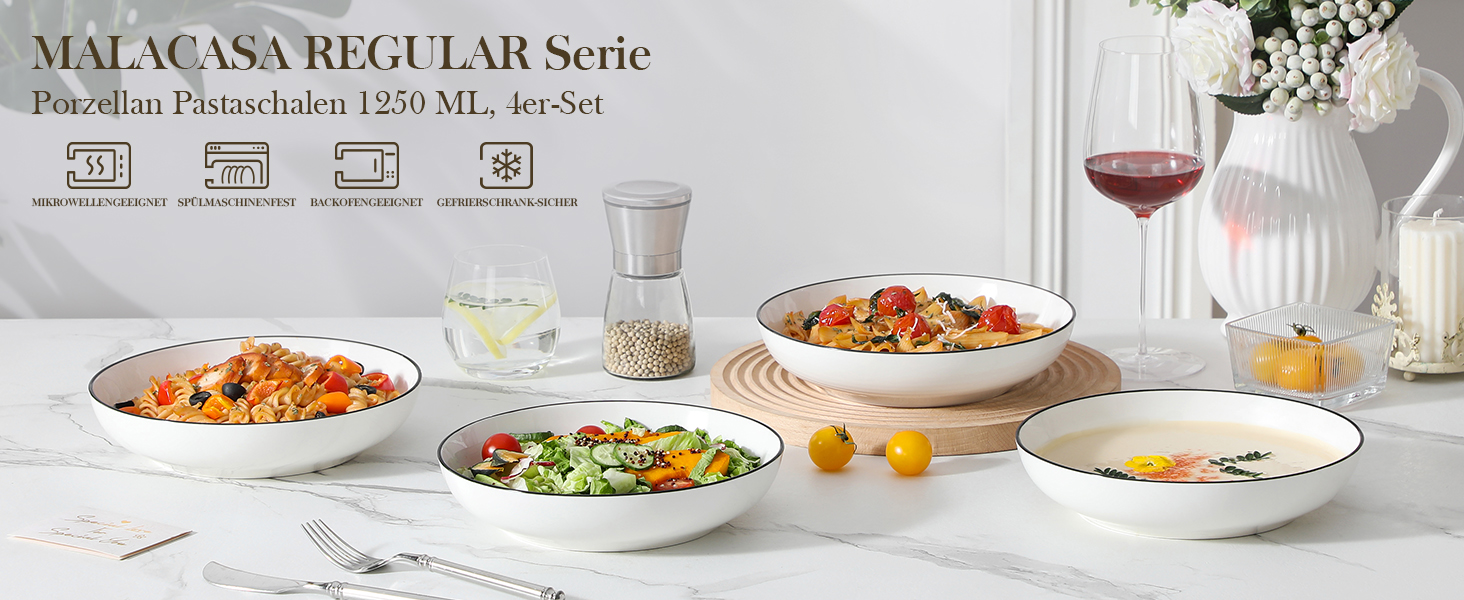 MALACASA Набір посуду 6 предметів: тарілки для пасти, супу, салату, сервірування. Глибокі тарілки для спагеті, велика супова миска. 1250 мл, білий з чорним обідком.