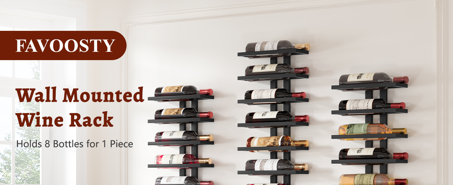Настінна вітрина для вина FAVOOOSTY з 8 полицями, металева, чорна. Підійде для вітальні, спальні, винного підвалу. 1 комплект