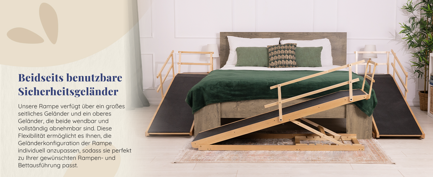 Східці для собак до ліжка з захисним бар'єром - для великих собак до 90 кг - регульована висота до 94.5 см - ширина 49.5 см - складаються - антиковзке покриття - з натурального дерева (бірча) - колір натуральний