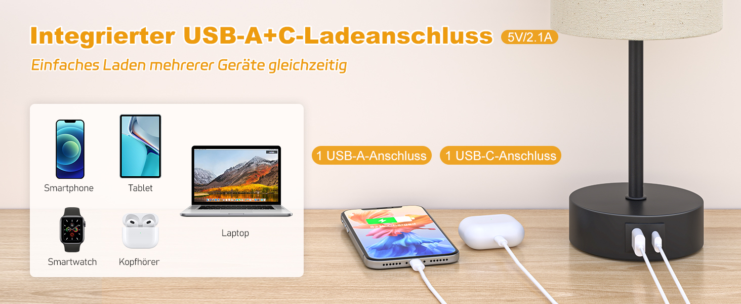 Нічна лампа STANBOW з торшером USB A+C, регульована яскравість, абажур з льону, для спальні, вітальні, дитячої кімнати, гуртожитку, офісу, бежевий відтінок, чорна база