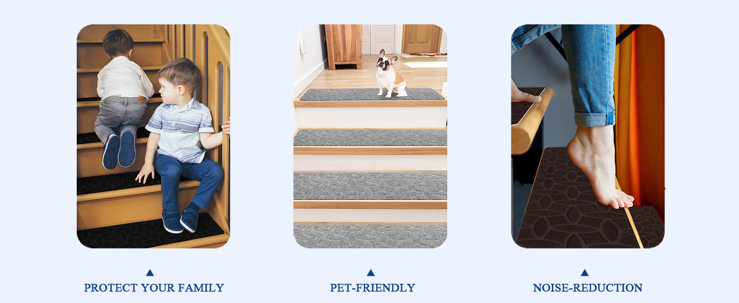 Anti-Slip Stair Treads for Wood Stairs - Felt Self-Adhesive Carpet Treads - 15 Pack, 76x20cm - Black Banana Leaf Design