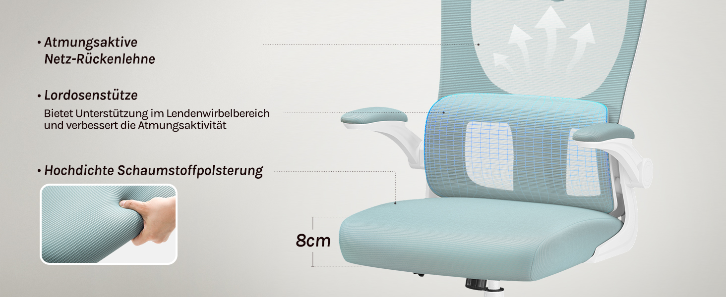 Крісло офісне WOLTU ергономічне, крісло для робочого столу з функцією гойдання, регульована підголовник, поворотні підлокітники, підтримка попереку, офісне крісло, витримує 150 кг (Блакитний)