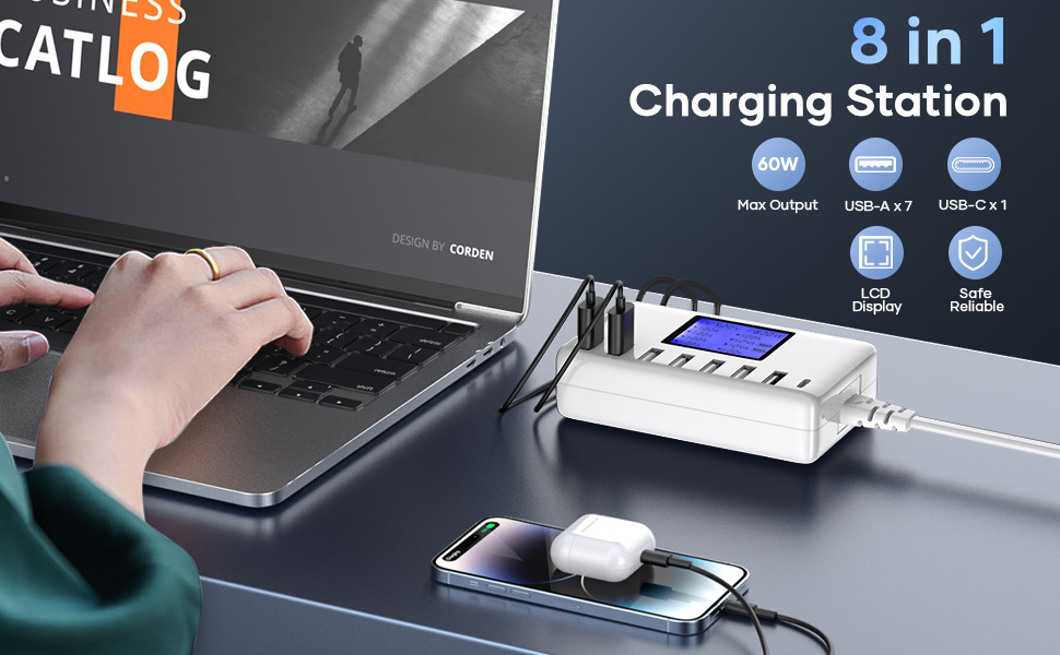 Зарядний пристрій USB 60W, 8 портів, USB-C з LCD дисплеєм для iPhone, iPad, Android, Samsung, Huawei, планшетів, Kindle (білий)