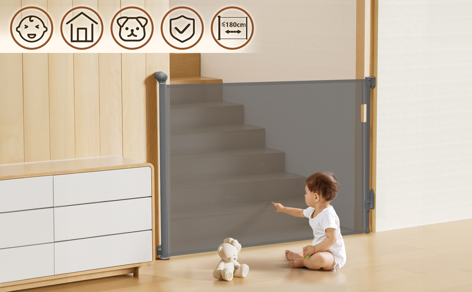 Захист для сходів Vounot: розтягувана сітка-захист для дітей, котів та собак (0-180 см, сірий)