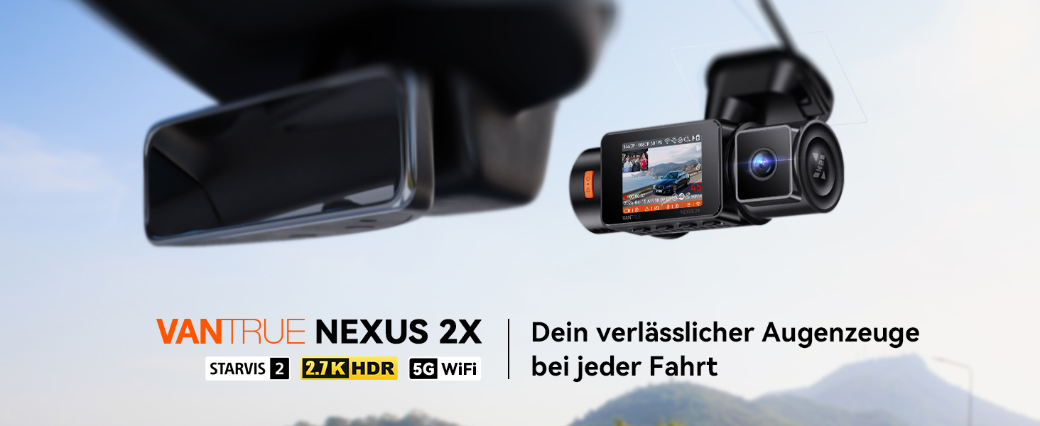 Автомобільний відеореєстратор VANTRUE N2X 2.7K+1080P, подвійна камера, HDR нічне бачення, GPS, Wi-Fi 5ГГц, додаток, голосове керування, 2'' екран, 24/7 паркувальний режим, G-сенсор, до 1ТБ