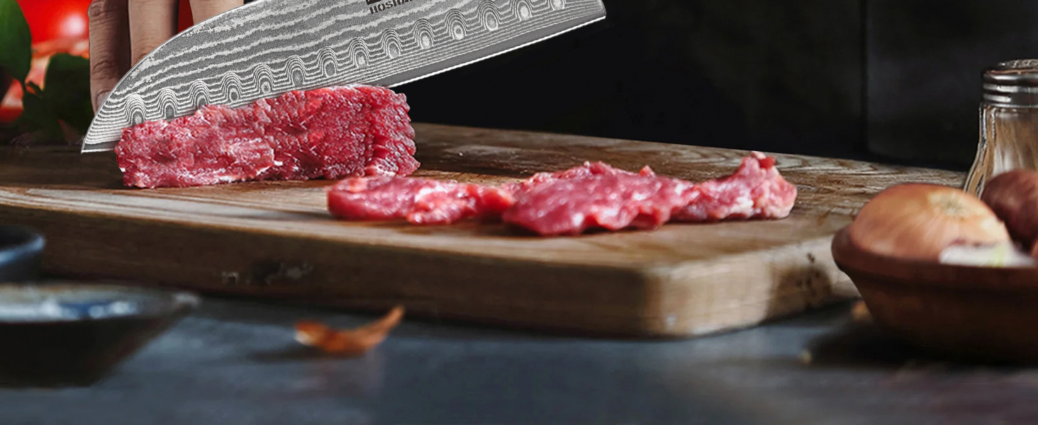 Японський ніж Santoku HOSHANHO з дамаської сталі, 18 см - гострий кухонний ніж з ергономічною ручкою, 67 шарів, у подарунковій коробці