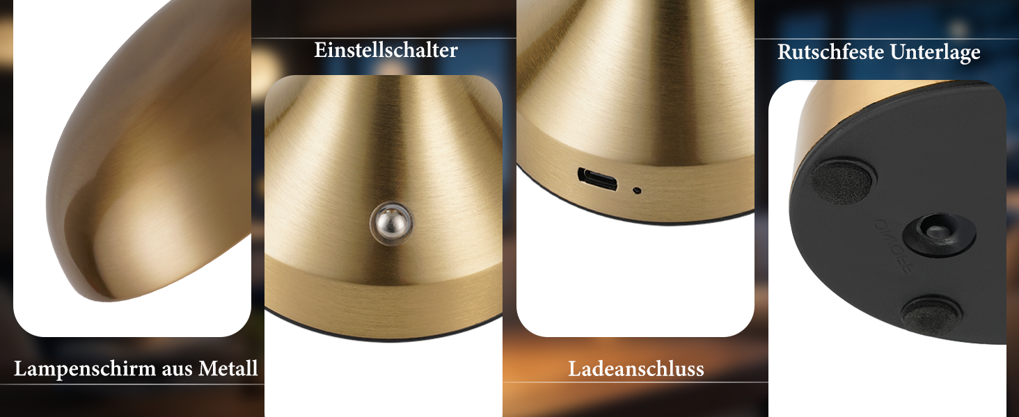 Бездротова настільна лампа з LED-підсвічуванням - торшер на акумуляторі, сенсорне керування, регулювання яскравості, вінтажний дизайн, USB-зарядка, нічник для спальні/вітальні, золото/бронза