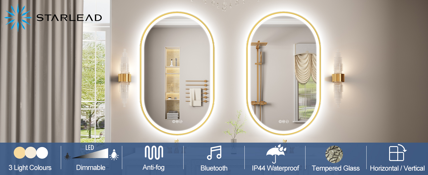 Дзеркало для ванної кімнати LED Starlead Munich 90x60 см з підсвічуванням, Bluetooth, регулюванням яскравості, 3 кольори світла, антизапарник, функція пам'яті, HD скло, IP44, горизонтальне/вертикальне встановлення, без рамки