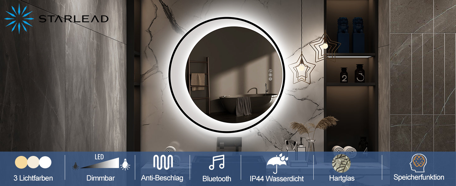 Дзеркало для ванної кімнати STARLEAD з LED-підсвічуванням 90x60 см, Bluetooth, регулювання яскравості, 3 кольори світла, протитуманне покриття, функція пам'яті, HD скло, IP44, горизонтальне/вертикальне, без рамки