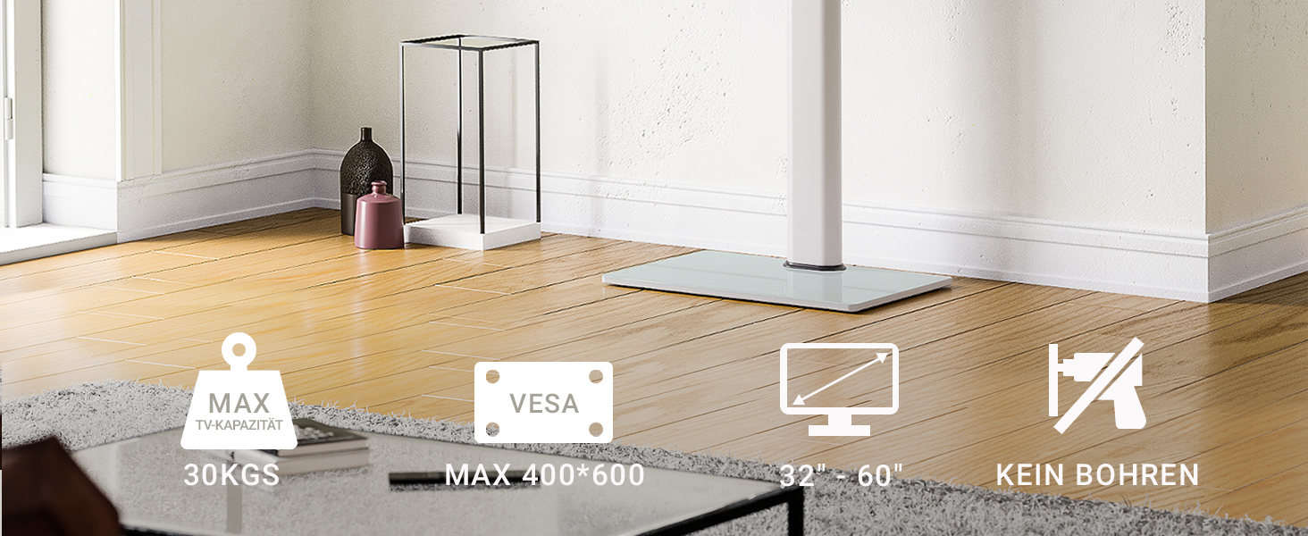 FITUEYES Adjustable Swivel TV Stand - Floor Mount for 32-60 Inch Flat & Curved TVs (Up to 30kg, VESA 600x400) - White