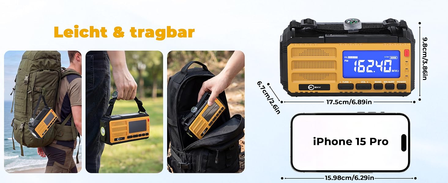 Радіоприймач Esky Kurbelradio з сонячною батареєю, 10000mAh, AM/FM, USB-зарядка, LED-ліхтарик, SOS-сигнал, компас, для кемпінгу та надзвичайних ситуацій, жовтий