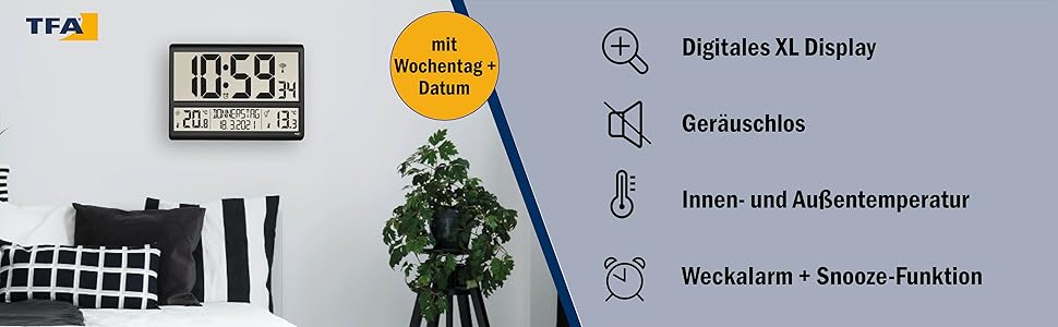 TFA Dostmann Digital XL Wall Clock, 60.4521.01, with outdoor temperature, indoor temperature, weekday (8 languages), radio clock, date, black, (L) 360 x (W) 235 x (H) 28 (84) mm