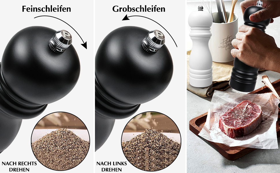 Набір з 2 мельниць для солі та перцю (соль, перець, чилі) - ручні, дерев'яні, з регулюванням помелу, класичний дизайн, чорний та білий