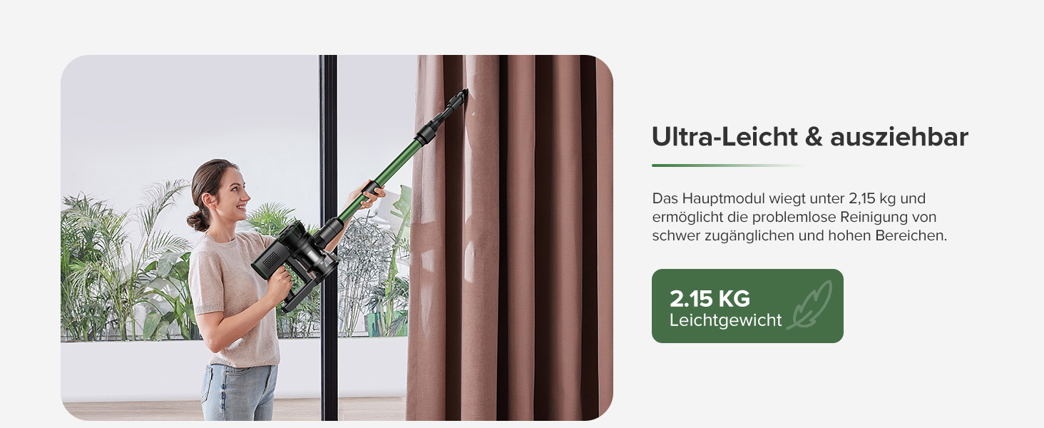 Бездротовий пилосос Vexilar Akku: 60 хвилин роботи, 45 kPa, 550 W, безщітковий мотор, LED дисплей, 6-в-1, тихий, для дому/авто, тверді підлоги, килими, шерсть тварин, зелений