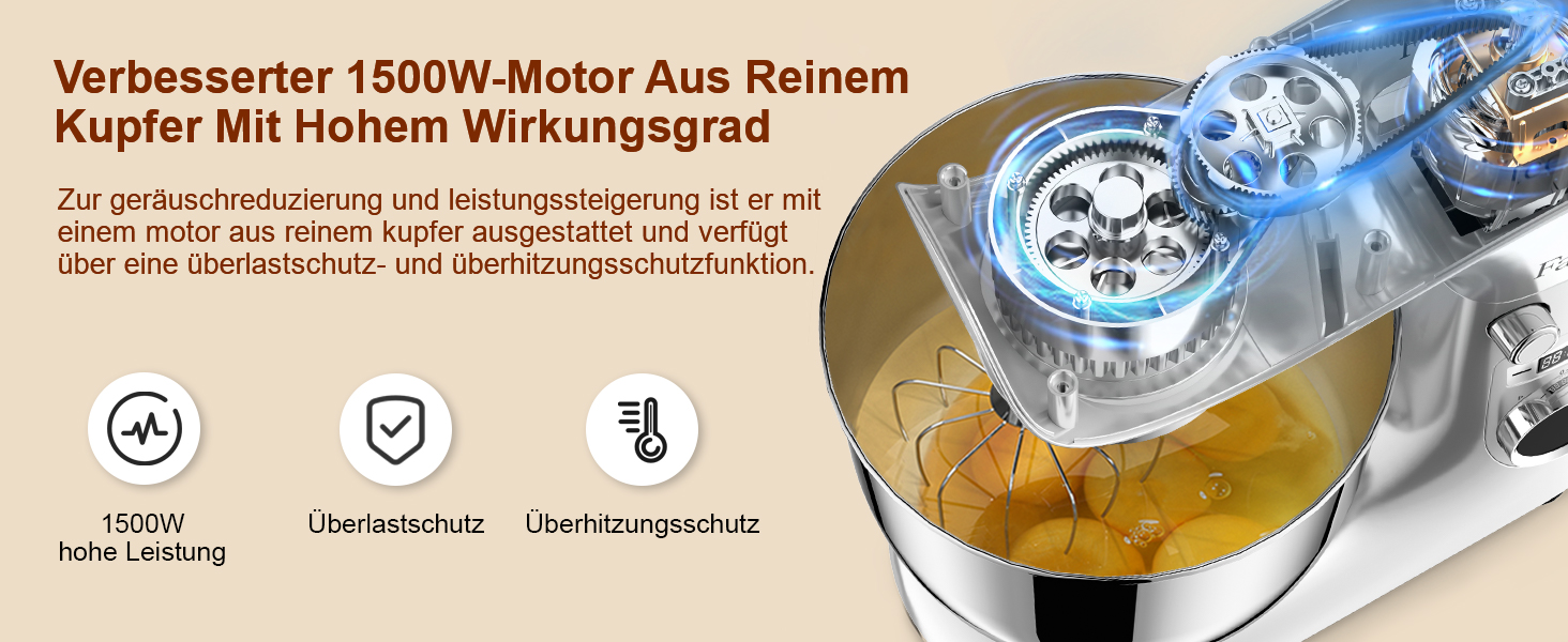 Кухонна машина-міксер Facelle 1500W з 5.5/4.5л чашею, 10+ програм, тиха робота, набір насадок (крюк, вінчик, віночок, захист від бризок)