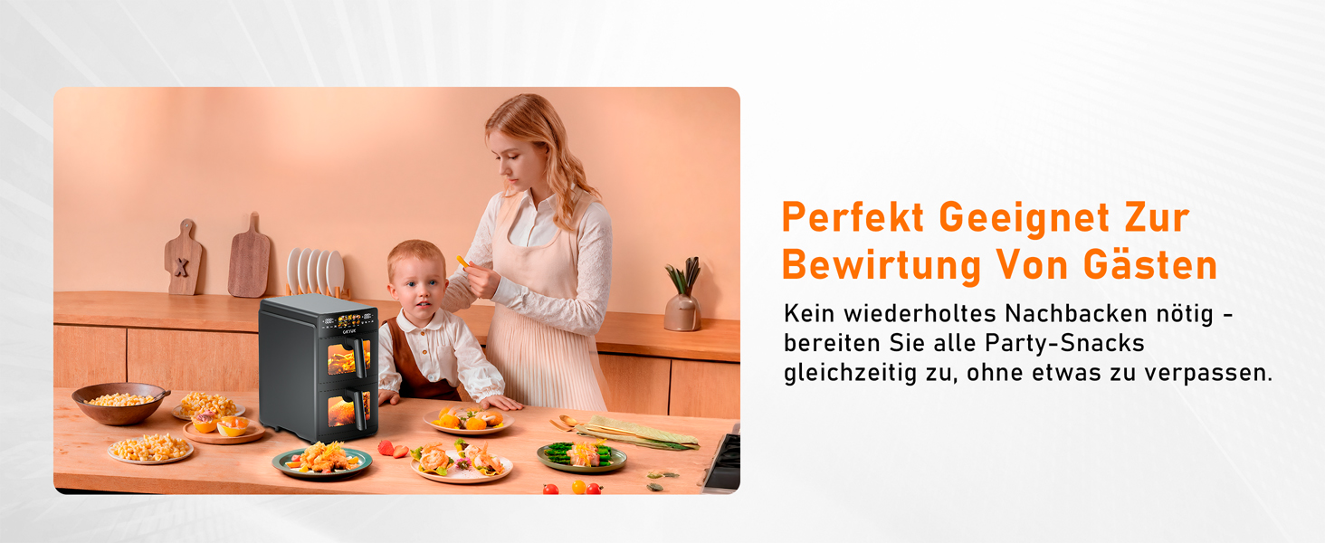 Фритюрниця без олії з 2 камерами на 10 літрів, Airfryer з 2 відсіками по 5л, тиха робота, 10 програм, приготування 2 страв одночасно, з оглядовим вікном, 3D циркуляція повітря