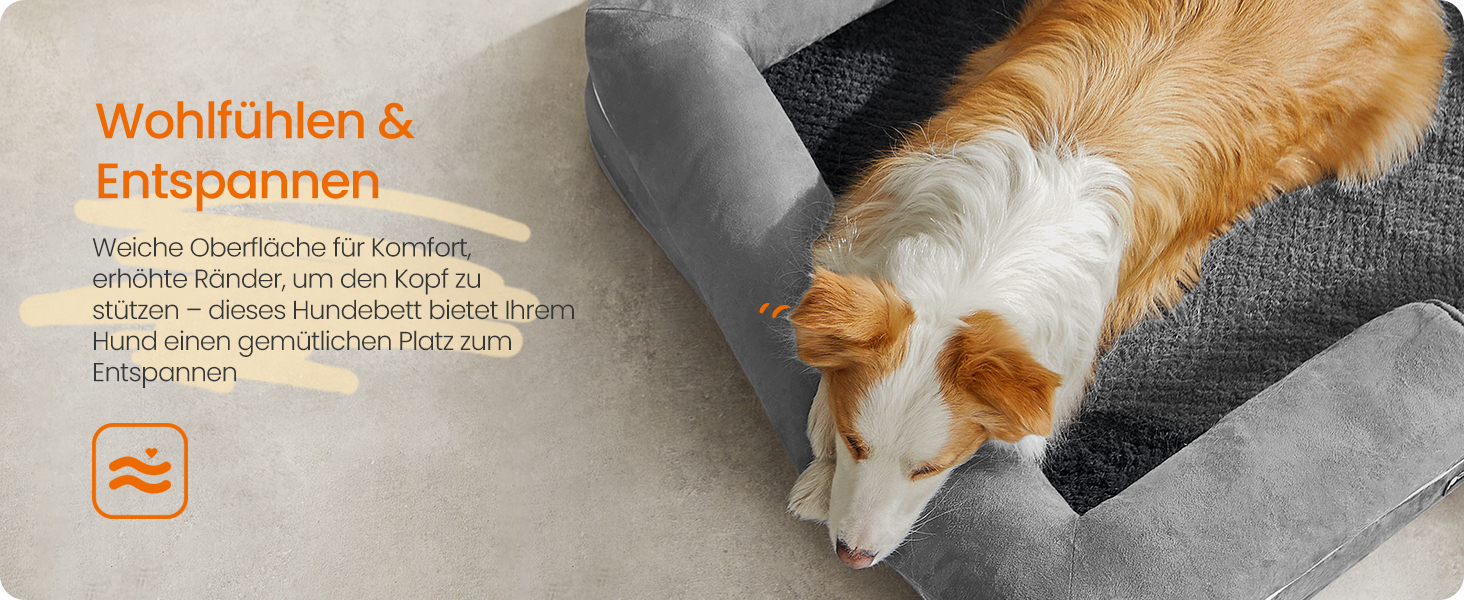 Ортопедичне ліжко для собак Feandrea, м'яке, з піднятими бортиками, 91 x 68 x 18 см, сірий колір, знімний чохол, неслизьке дно