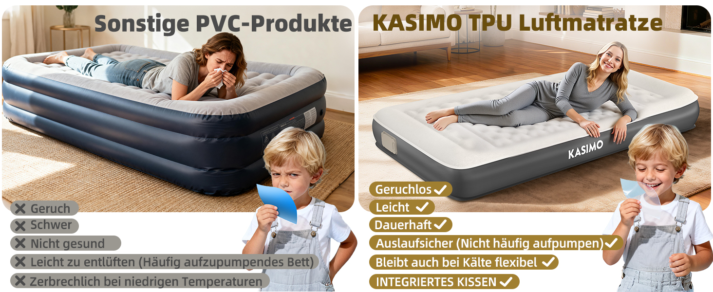 Надувний матрац KASIMO TPU самонадувний 1-місний з електричним насосом та подушкою, 190x90x22 см для дому та кемпінгу