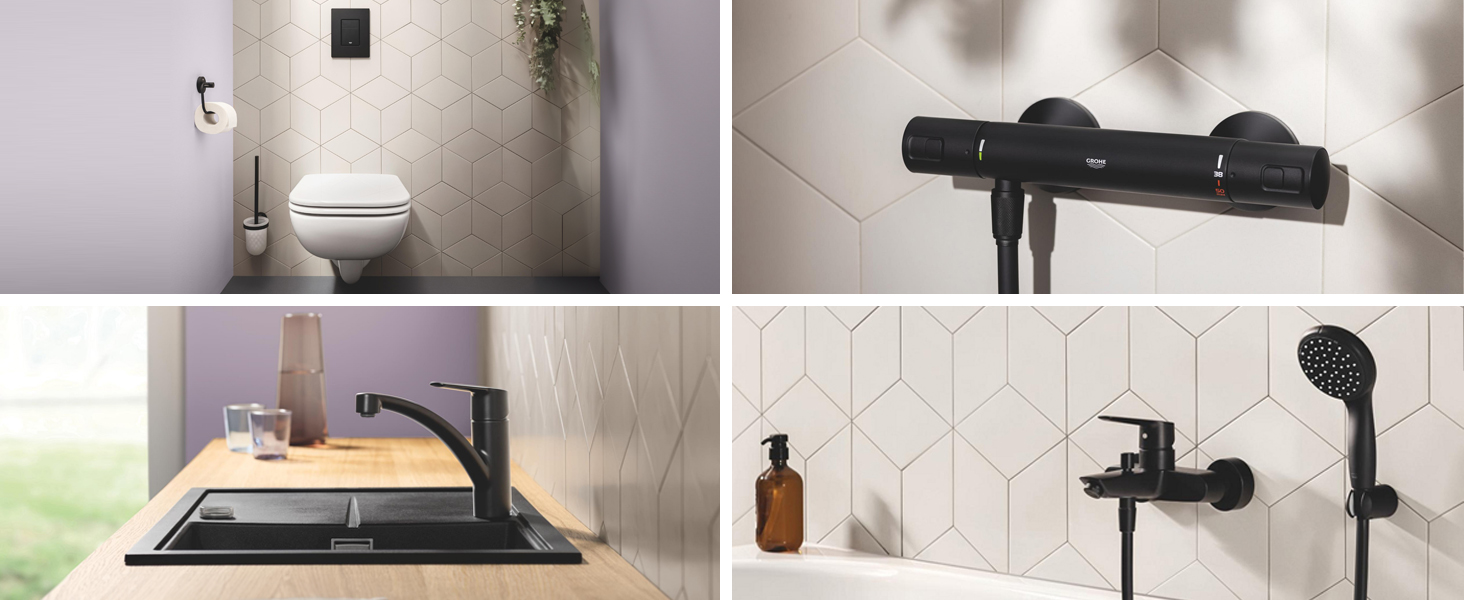 Душова лійка GROHE Vitalio 110 з гнучкою голкою та кріпленням, економна, 8 л/хв, чорна, комплект для стіни